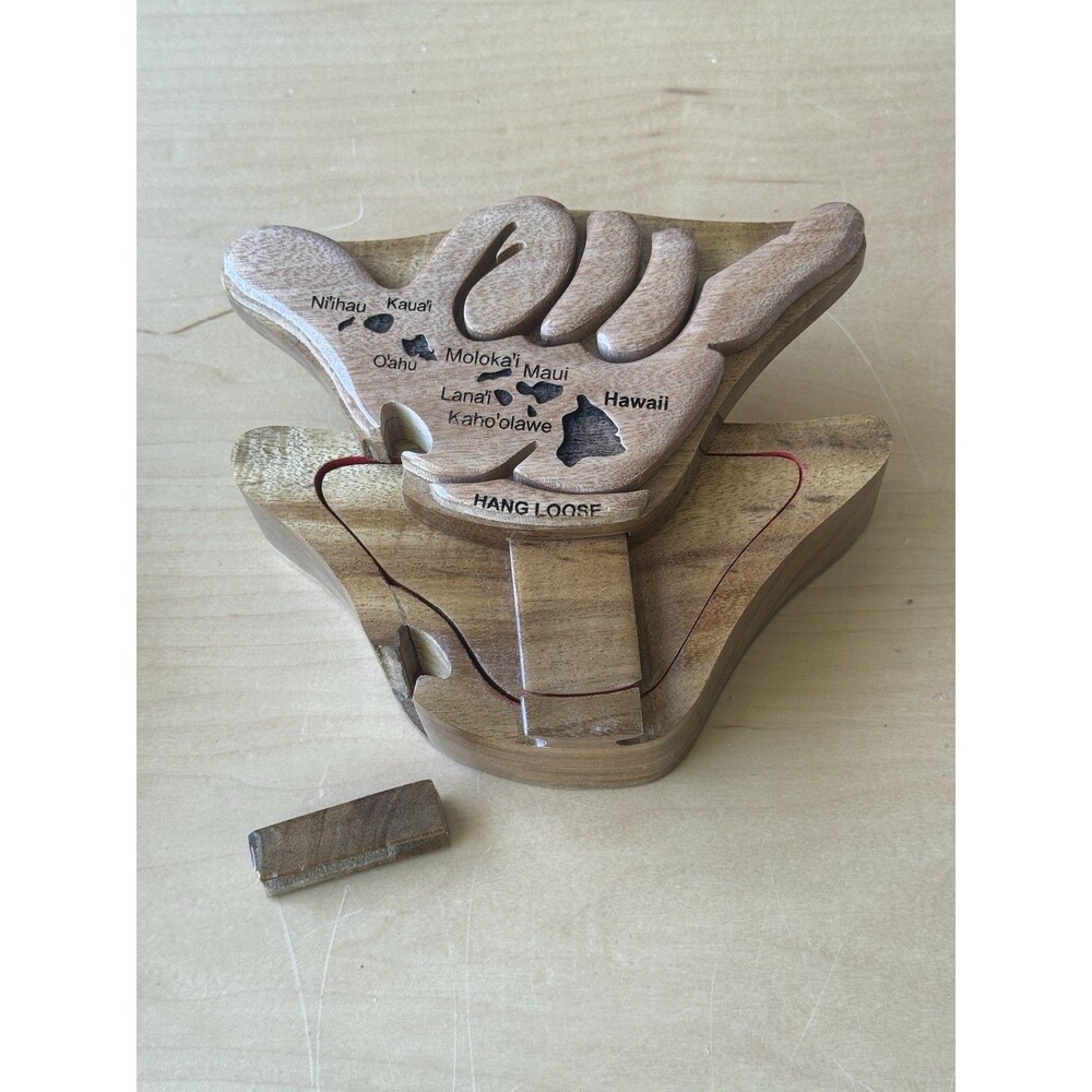 VTG Carved Wood Hawaii Hang Loose Hand Puzzle Box W Carved Islands Trinket Box - Picture 7 of 15